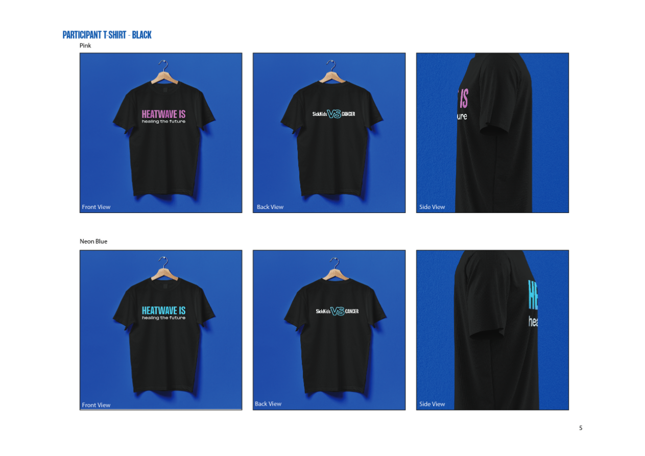 Black participant HEATWAVE for SickKids T-shirt front and back samples in Pink and Neon Blue print