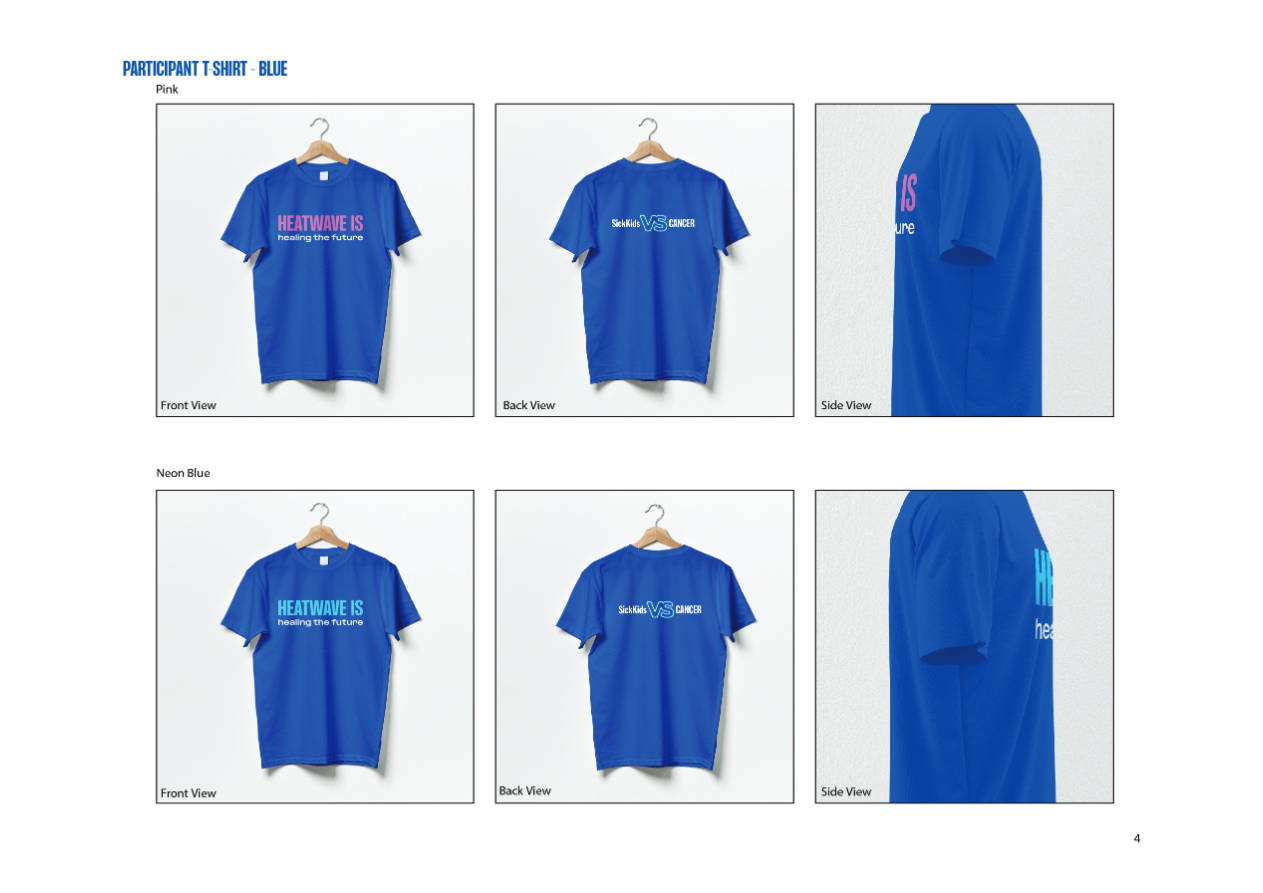 Blue participant HEATWAVE for SickKids T-shirt front and back samples in Pink and Neon Blue print