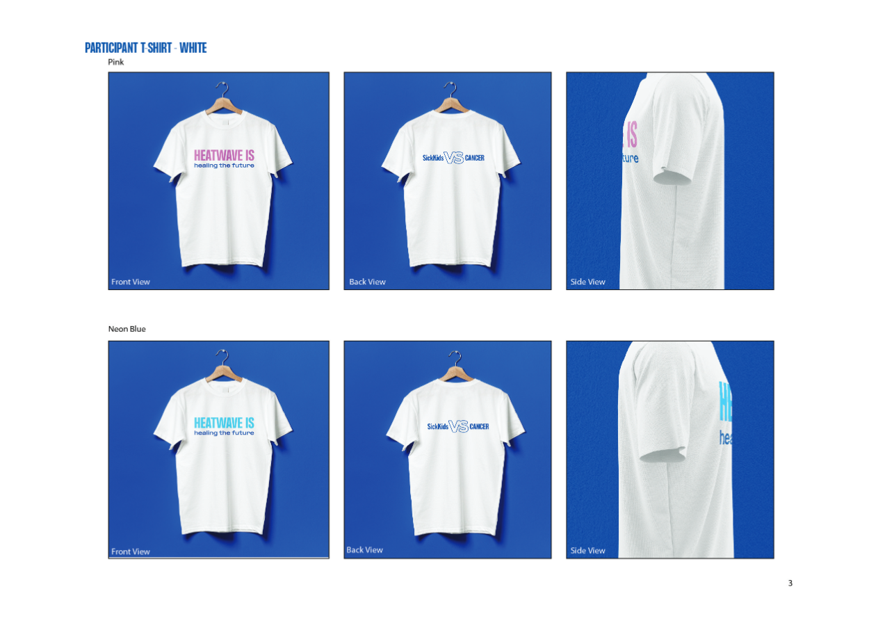 White participant HEATWAVE for SickKids T-shirt front and back samples in Pink and Neon Blue print